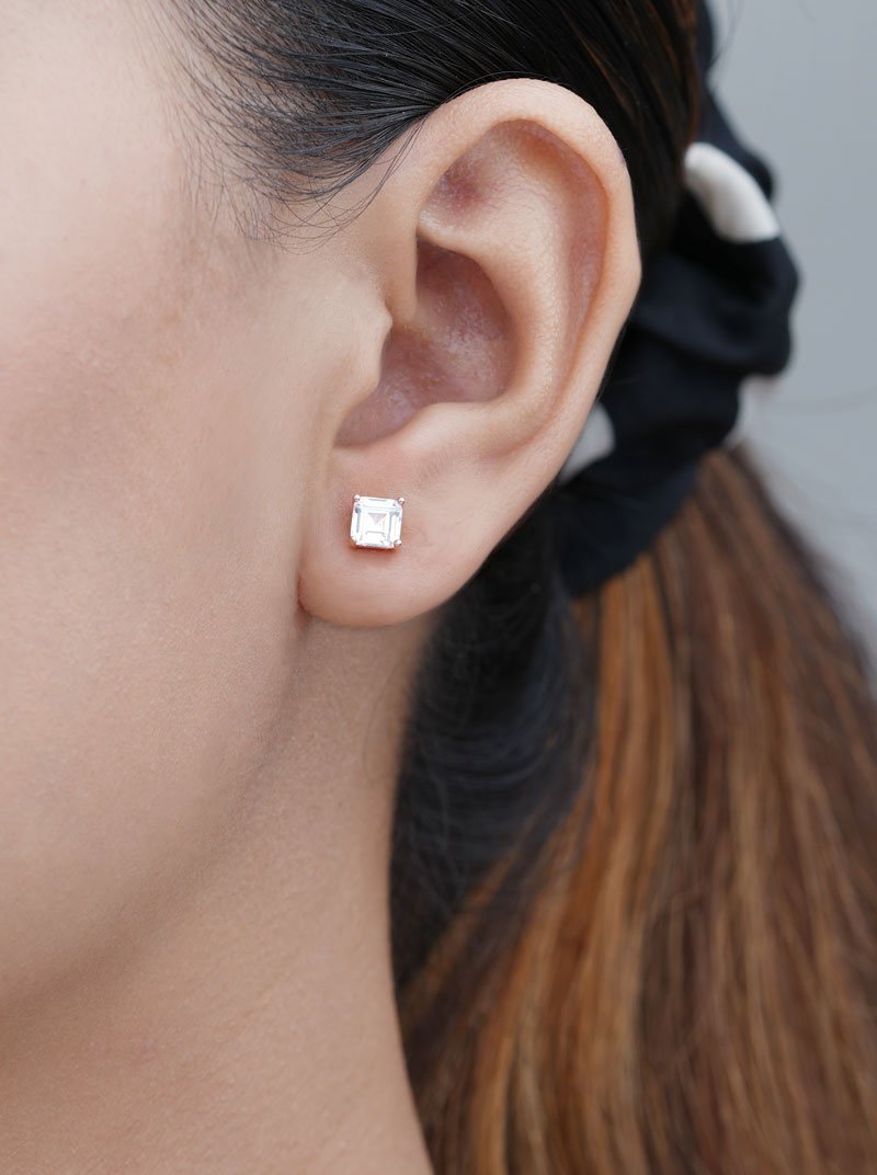 Baguette Square Stud Earrings (Pure Silver) - Rose Gold